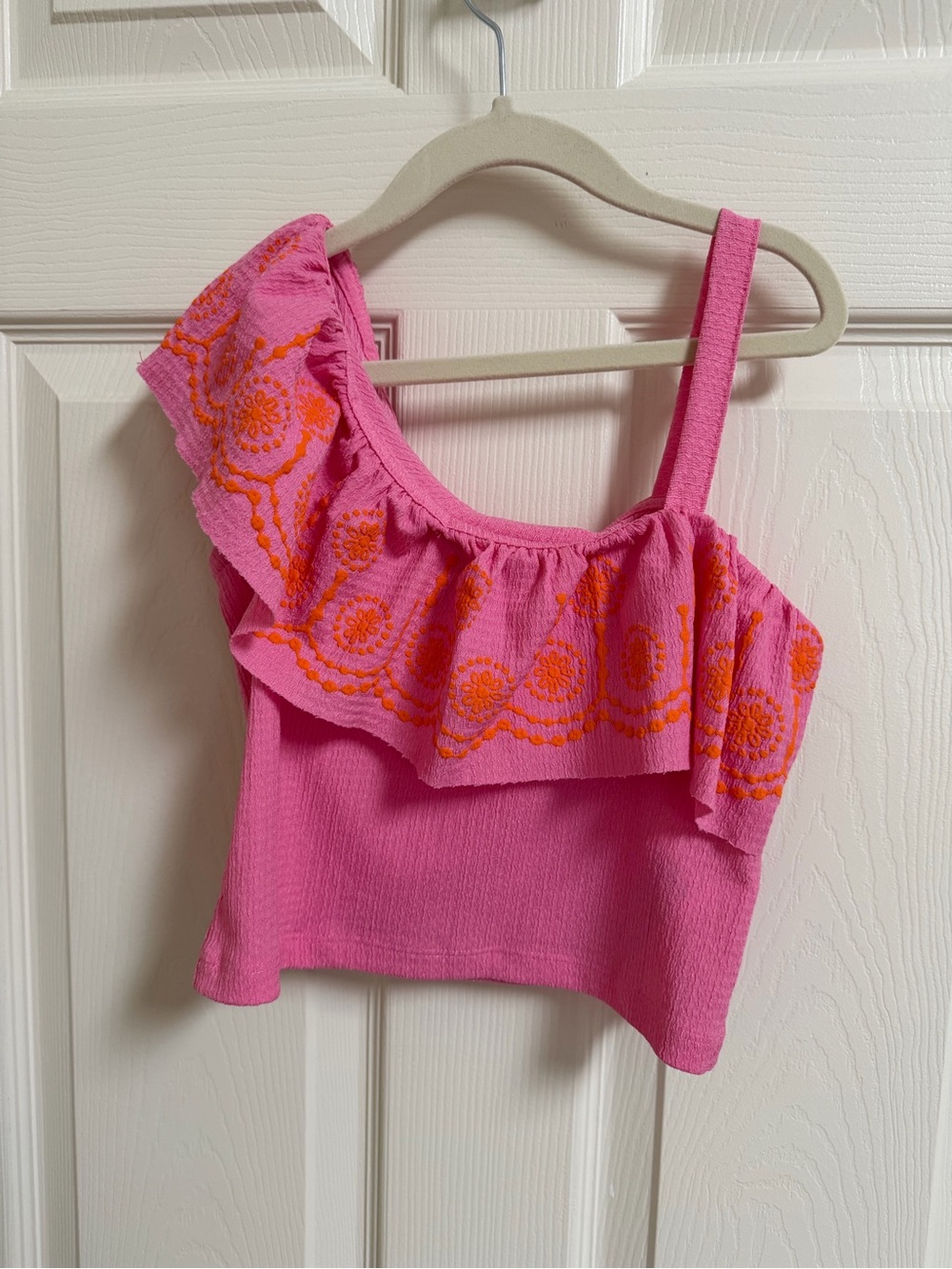 Girls Pink One-Shoulder Ruffle Embroidered Tank Top